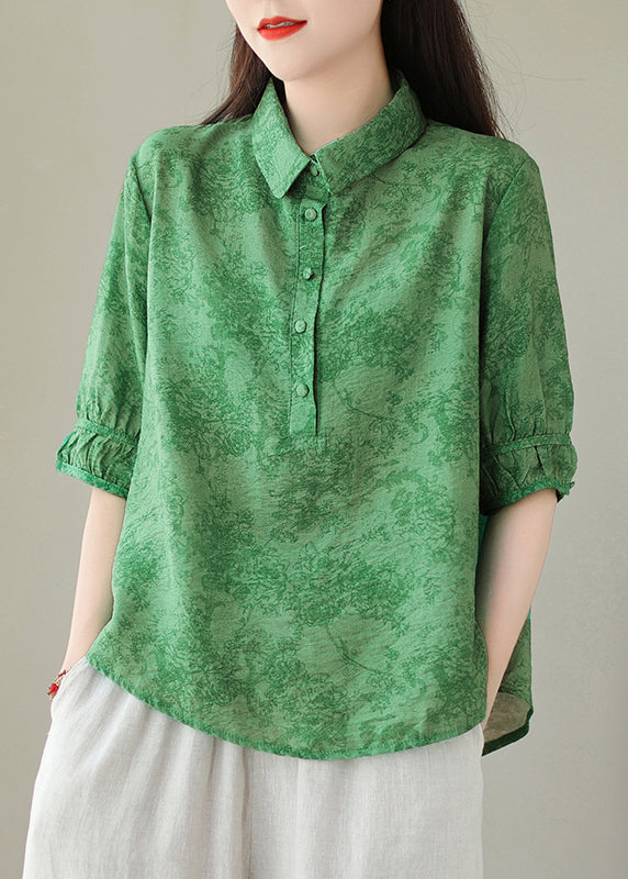 Green Print Cotton Shirts Peter Pan Collar Summer