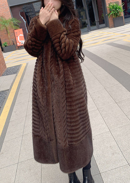 Coffee O-neck Pockets Print Leather and Fur Long Coats Winter