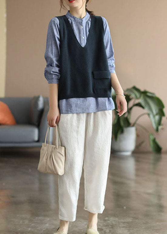 Red V Neck Patchwork Cotton Knit Vest Sleeveless