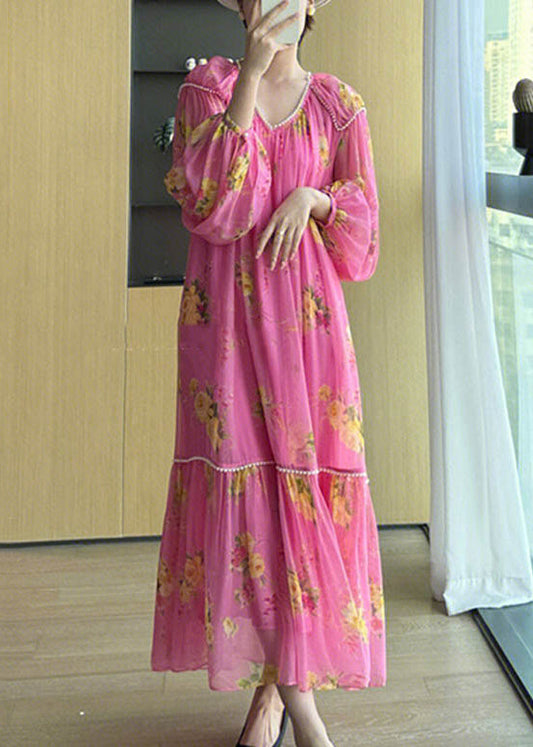 Pink V Neck Print Patchwork Chiffon Long Dresses Fall