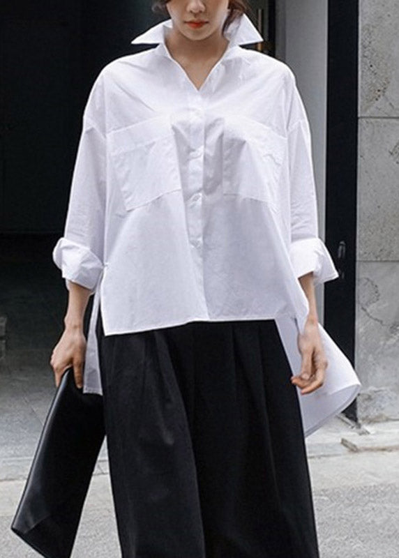 Natural Yellow Flower Peter Pan Collar Low High Design Button Pockets Cotton Shirts Long Sleeve Fall