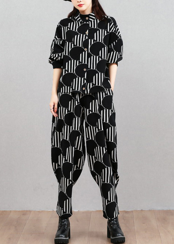 Modern Black Dot Print Top and Beam Pants Two Pieces Set Long Sleeve