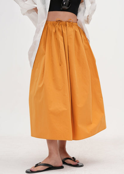 Simple Yellow Pockets Drawstring Cotton Skirt Summer