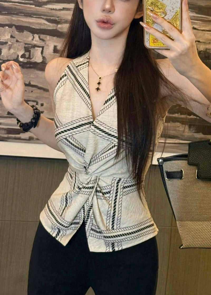 White Print Side Open Silm Fit Halter Vests Summer