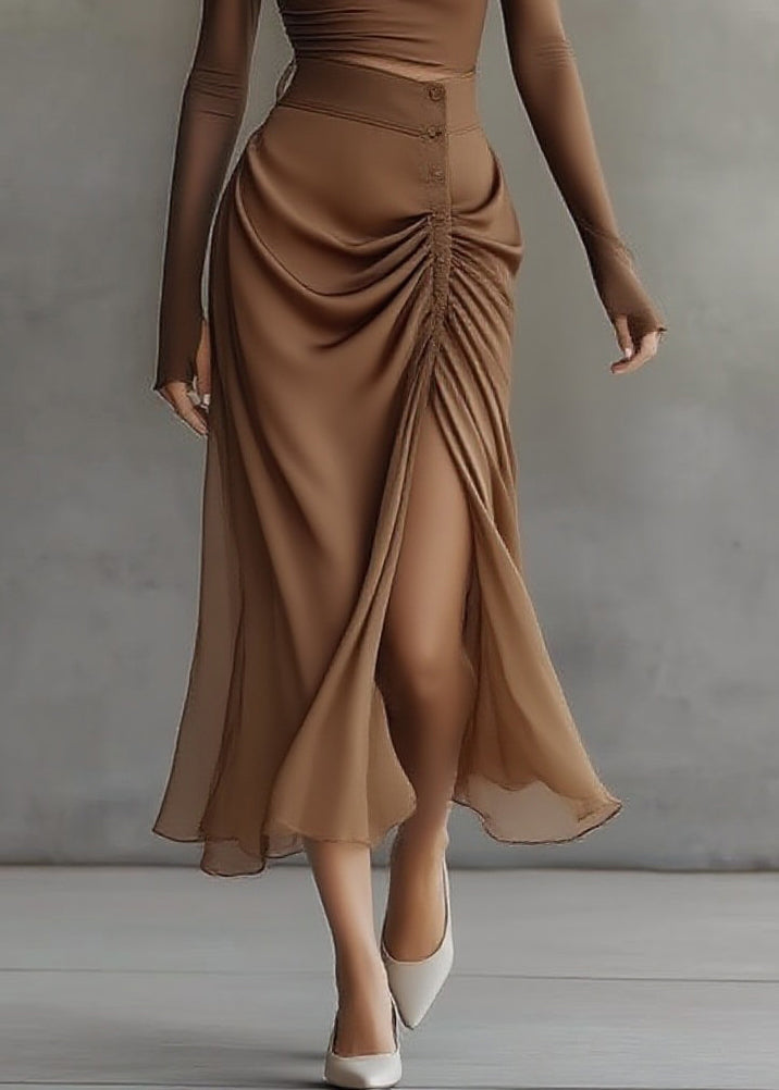 French Brown Asymmetrical Top and Maxi Skirts Two Pieces Set Spring