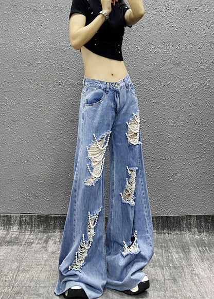 Blue Bead Decorated Pockets Ripped Denim Wide Leg Pants Fall