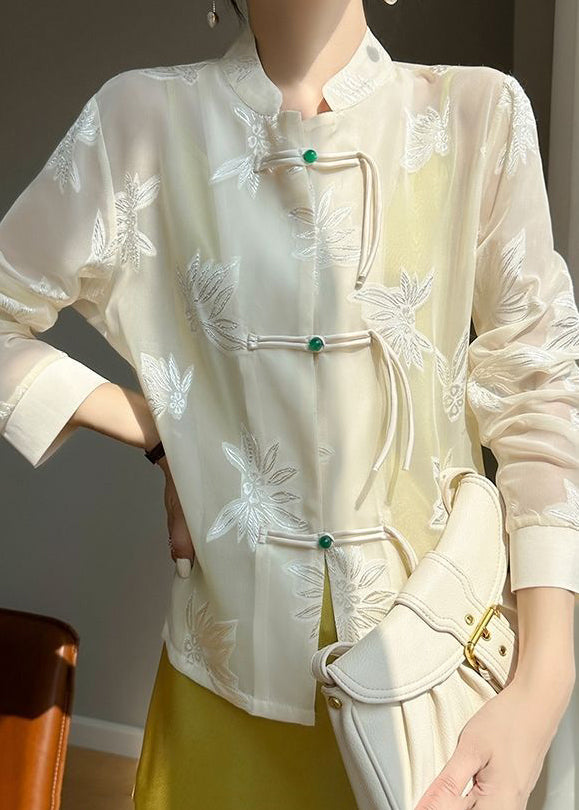 Fine Beige Tasseled Jacquard Tulle Upf 50+ Shirt Fall