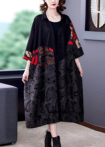 Black Print Button Patchwork Cotton Long Coats Fall
