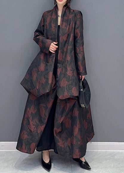 Brown Asymmetrical Jacquard Patchwork Cotton Cardigan Fall