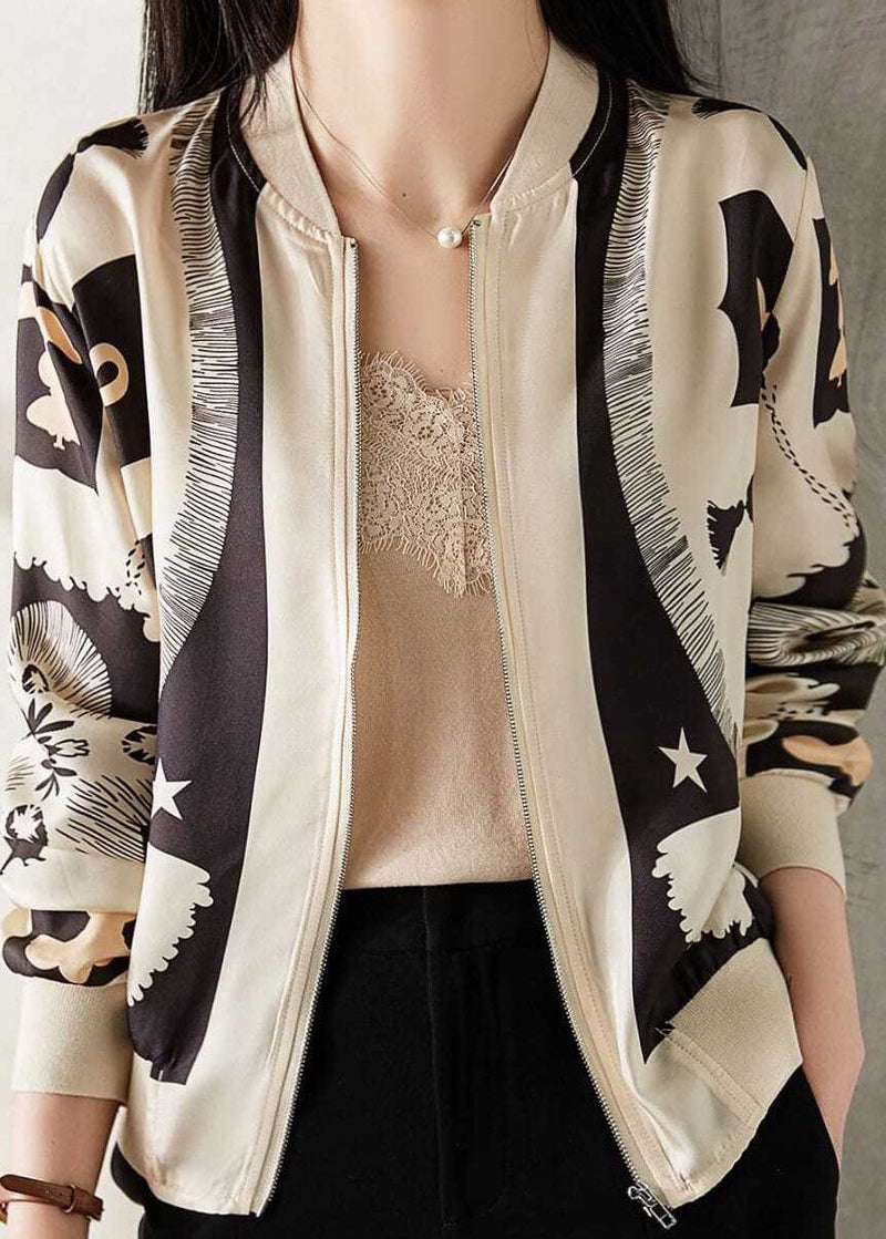 Beige V Neck Zippered Patchwork Print Silk Coat Spring