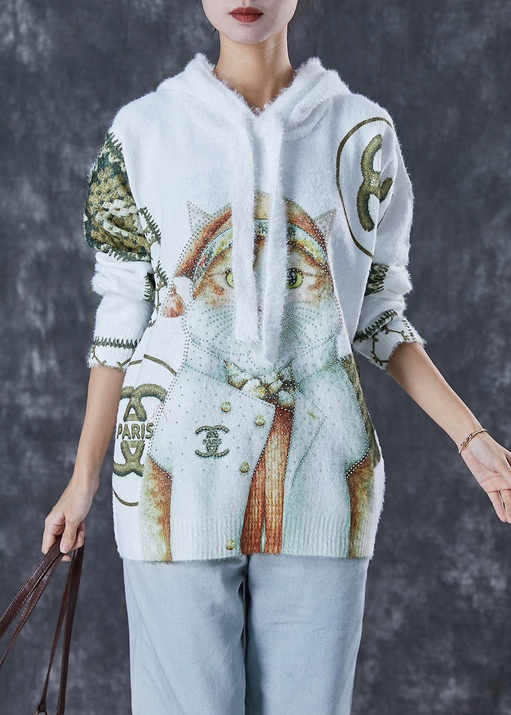 White Hooded Cat Print Mink Hair Knitted Sweaters Winter