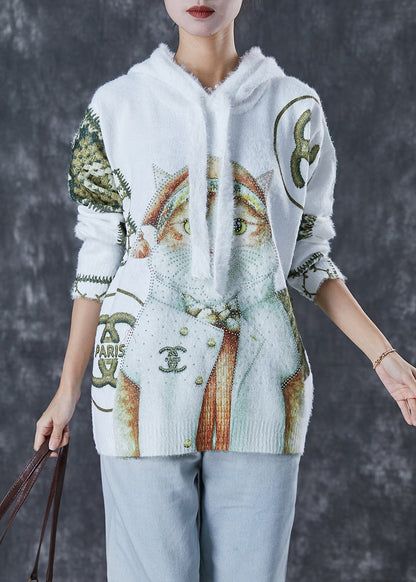 White Hooded Cat Print Mink Hair Knitted Sweaters Winter