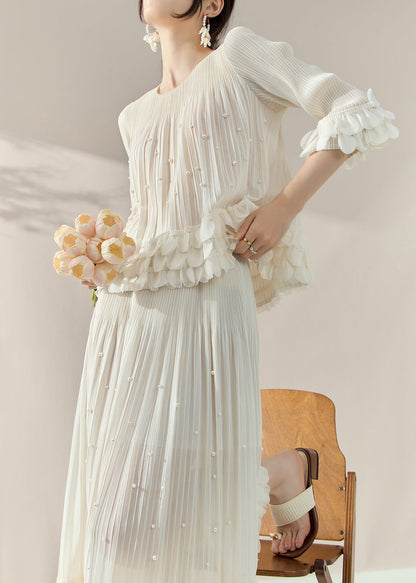 French White Nail Bead Silk Cotton Top and Maxi Skirts Two Piece Set Half Sleeve