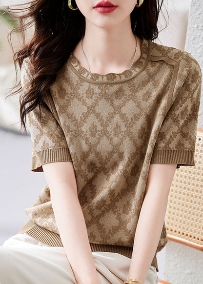 Art Khaki O-neck Print Knit Top Short Sleeve