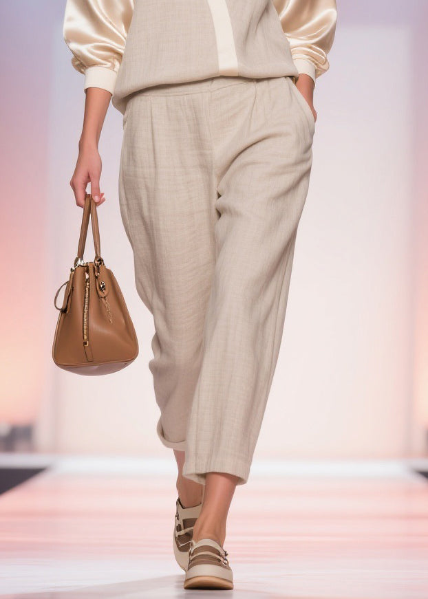 Linen V Neck Pockets Silk Patchwork Tops and Crop Pants Two Piece Set Spring
