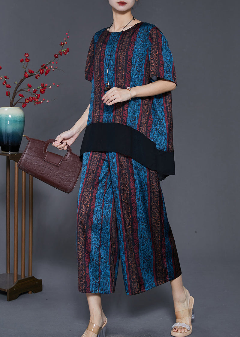 Blue Patchwork Silk Loose Two Pieces Set Low High Design Summer