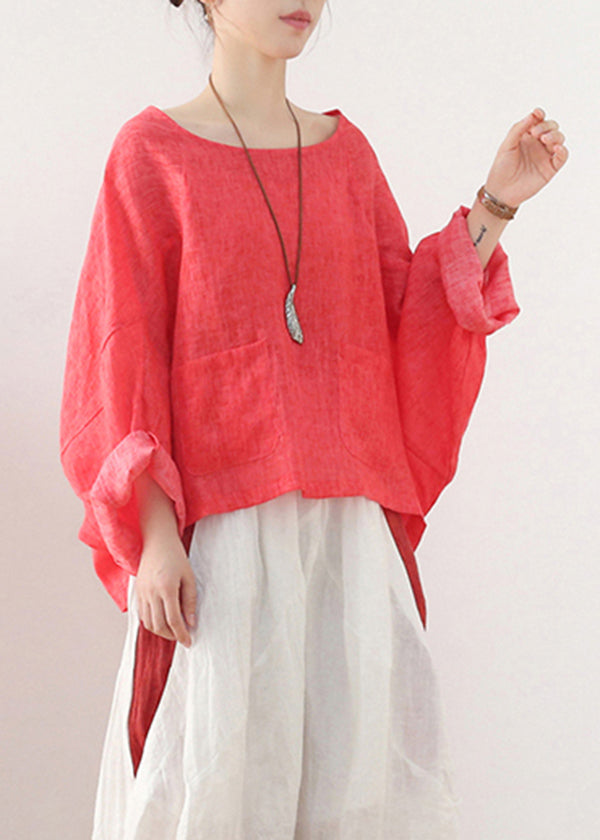 Red O-neck Linen Pullover Sweatshirt Batwing Sleeve