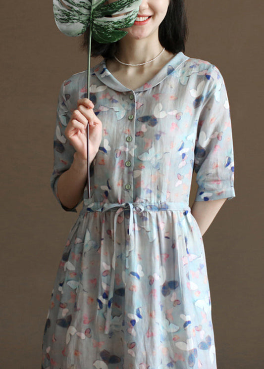 Grey Blue Peter Pan Collar Tie Waist Print Linen Vacation Dresses Half Sleeve