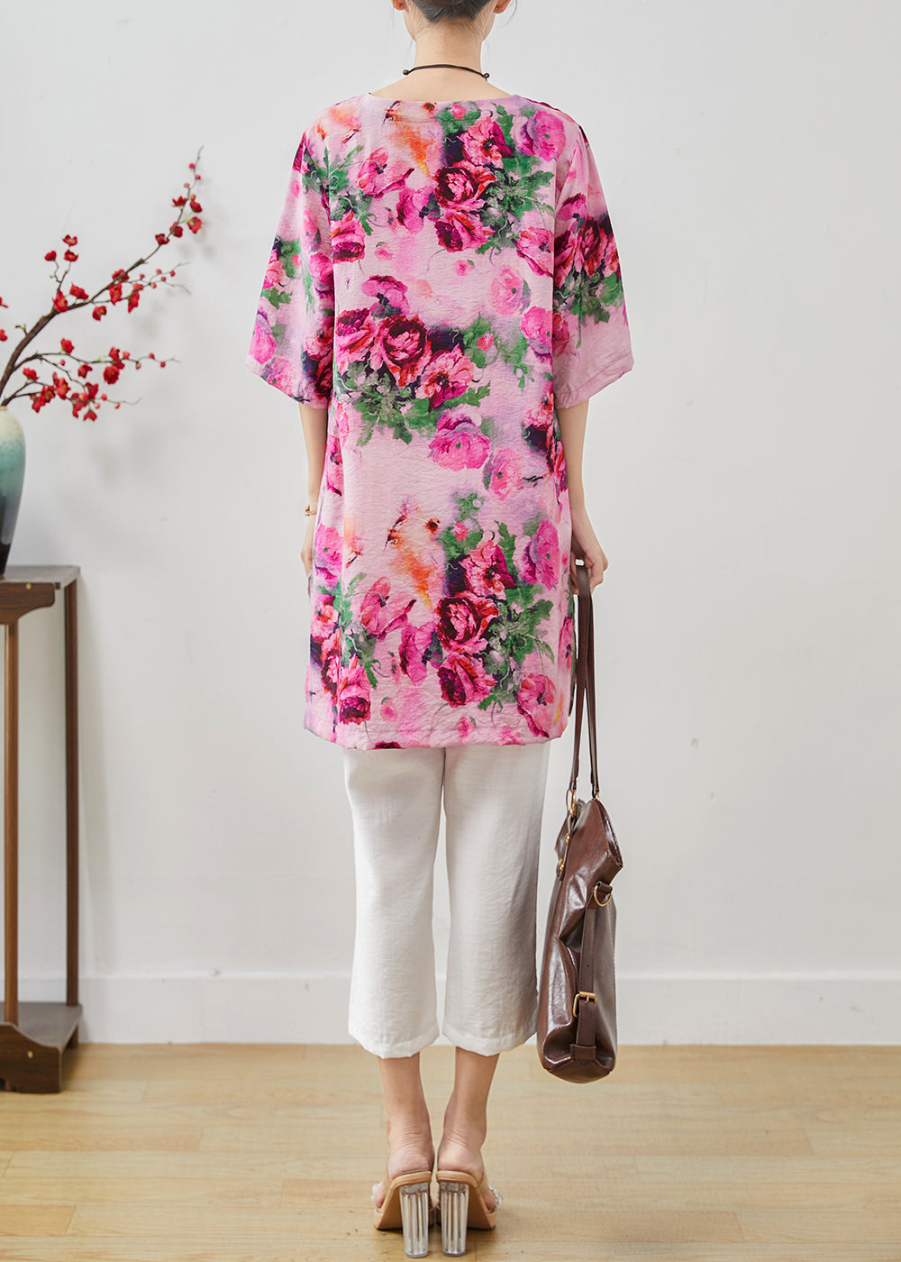 Rose Oversized Print Linen Two Pieces Set Summer