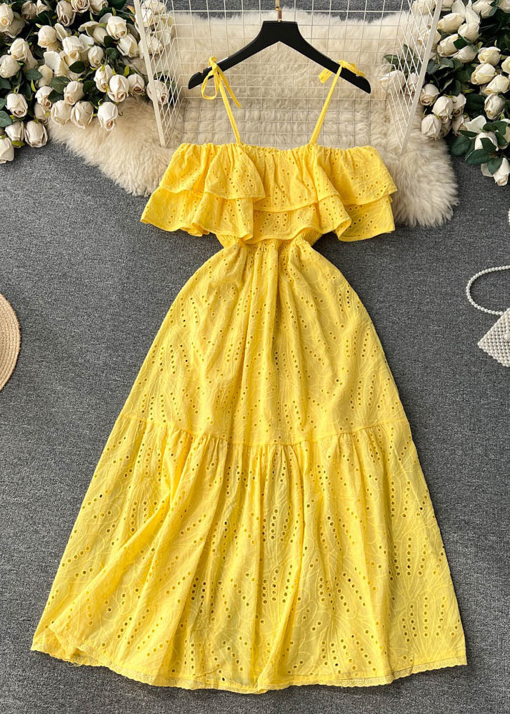 Yellow Slash Neck Hollow Out Cotton Spaghetti Strap Dress Sleeveless