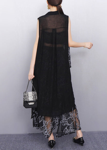 Sheer Black Asymmetrical Chiffon Two Pieces Set Sleeveless