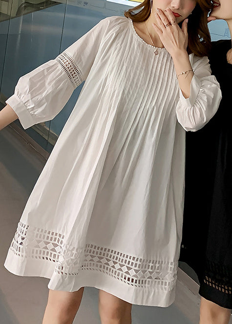 Loose White O-neck Wrinkled Hollow Out Mid Dress Fall
