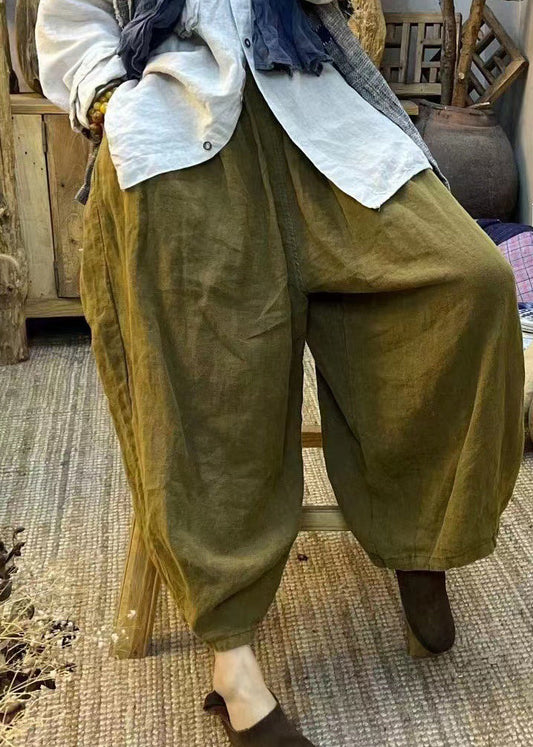 Khaki Elastic Waist Pockets Linen Lantern Pants Spring