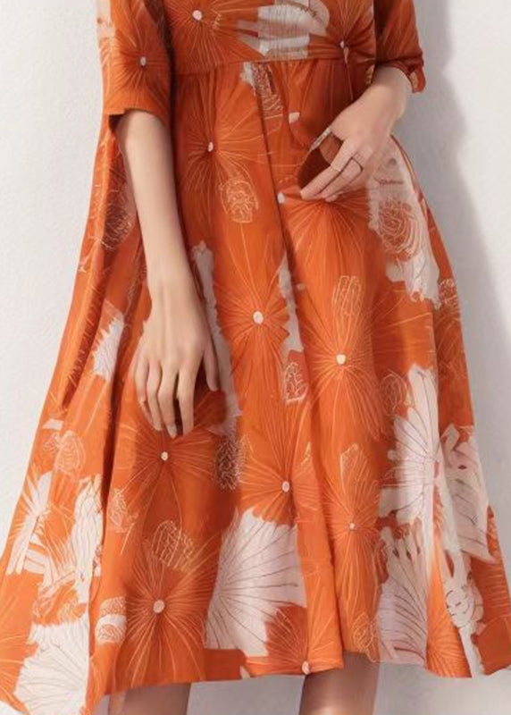 Handmade Orange O-neck Print Patchwork Silk Maxi Dress Half Sleeve