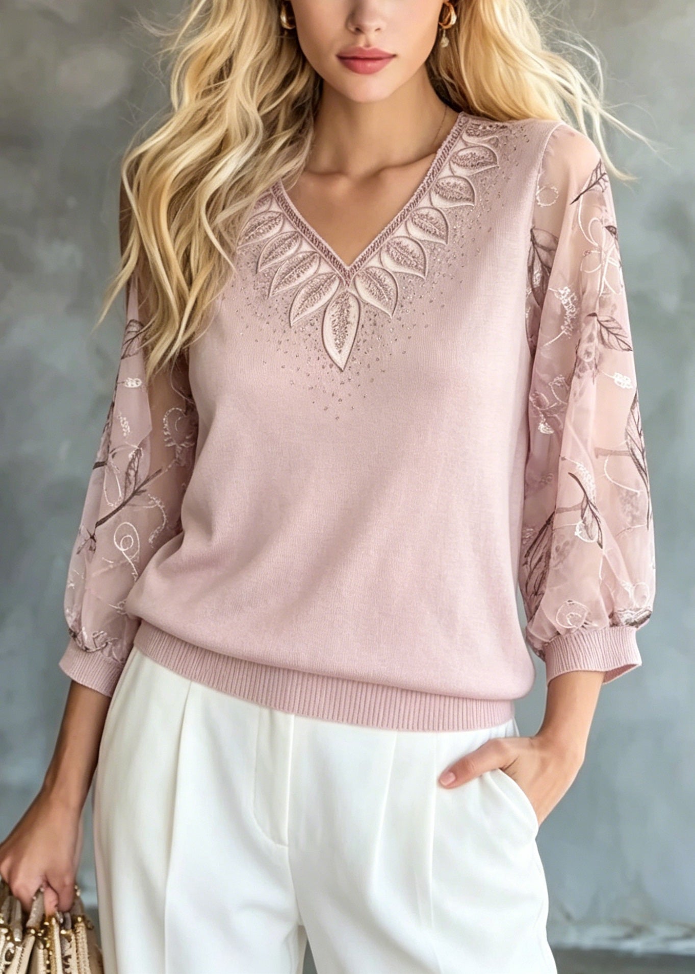 Pink Embroidered Zircon Knit Top Bracelet Sleeve
