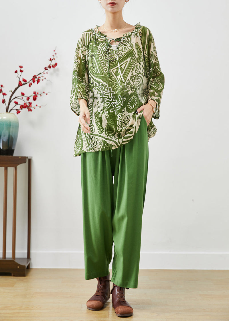 Green Ruffled Print Linen Two-piece Set Fall
