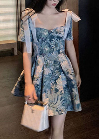 Slim Fit Blue Bow Cinched Print Short Dresses Short Sleeve