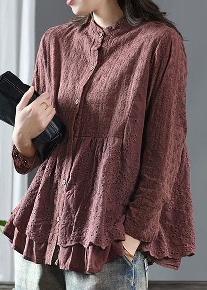 French Brick Red Stand Collar Embroideried Patchwork Cotton Shirt Spring