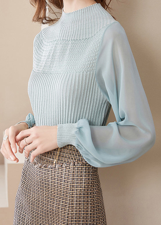 Light Green Half Turtleneck Tulle Patchwork Woolen Sweaters Lantern Sleeve