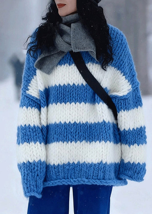 Style Blue O-neck Cozy Striped Cotton Knit Sweater Long Sleeve