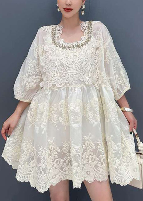 Apricot Embroidered Zircon Lace Mid Dress Bracelet Sleeve
