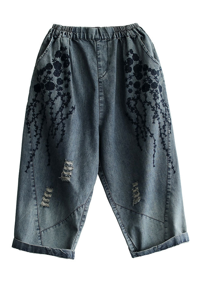 Grey Embroideried Hole Pockets Cotton Denim Crop Pants Summer