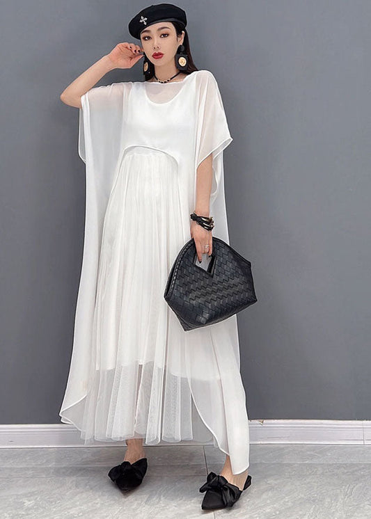 Organic White O-neck Chiffon Vest Dress and Cloak Two Piece Set Outfits Summer