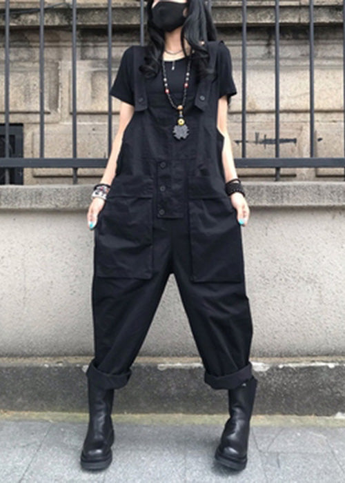 French Black Patchwork Button Jumpsuit Summer