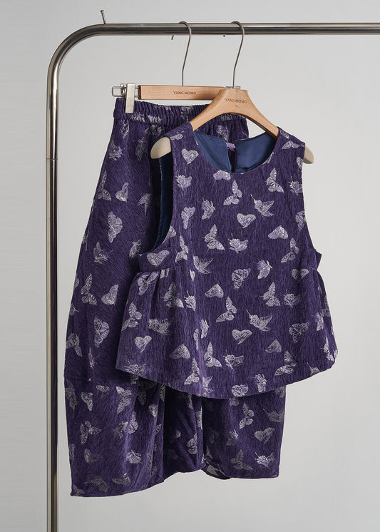 Art Purple Embroidered Butterfly Silk Velvet Two-piece Set Sleeveless