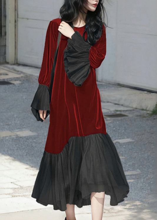 French Red O-neck Patchwork Silk Velvet Long Dress Flare Sleeve Fall