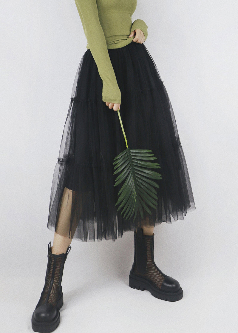 Black Elastic Waist Patchwork Tulle Skirt Ruffled