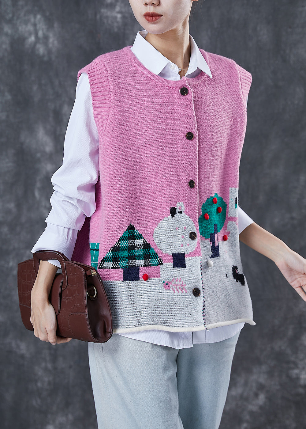 Rose Cartoon Jacquard Knit Sets 2 Pieces Fuzzy Ball Decorated Spring