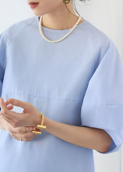 Blue O-neck Puff Sleeve Cotton Tops