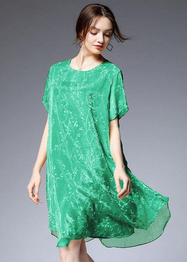 Light Green Loose Print Summer Chiffon Dress