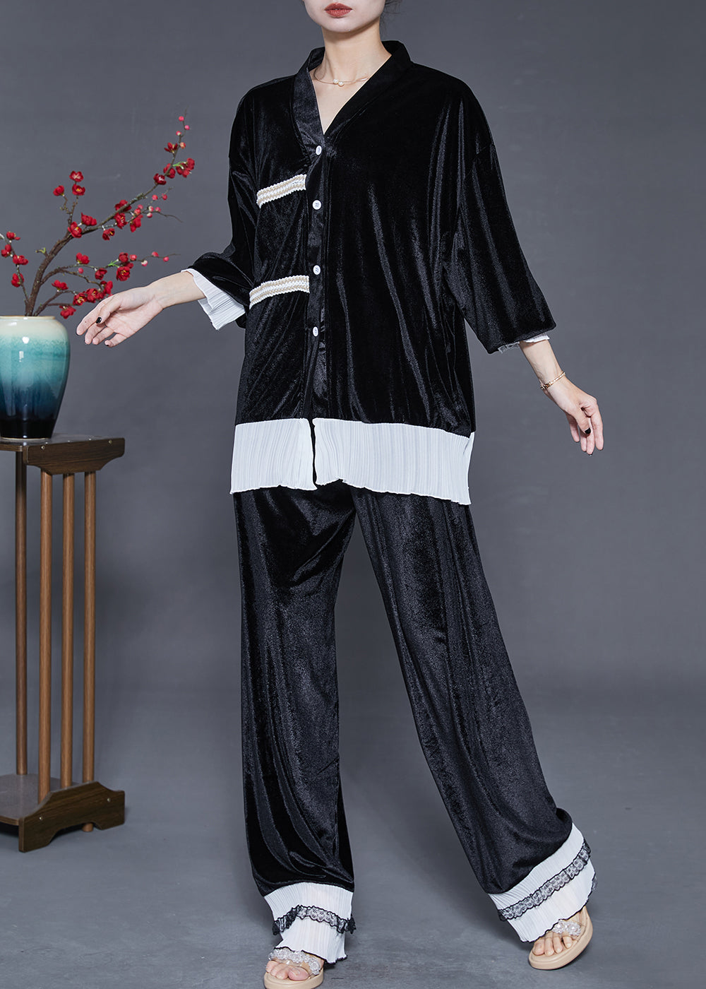 Style Black Oversized Patchwork Silk Velvet Sets 2 Pieces Fall