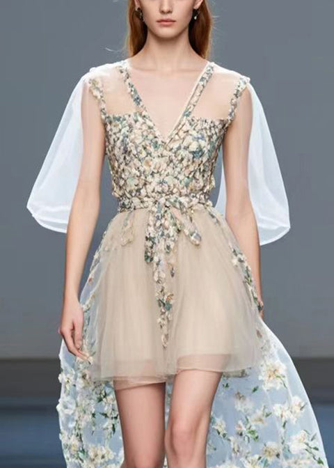 Fine Apricot Cinched Patchwork Silk Tea Dress Summer