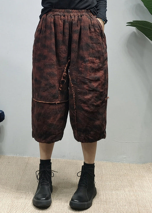 Retro Mulberry Elastic Waist Pockets Patchwork Linen Three Quarter Pants Spring