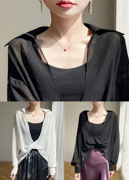 Black Peter Pan Collar Chiffon Blouses Fall