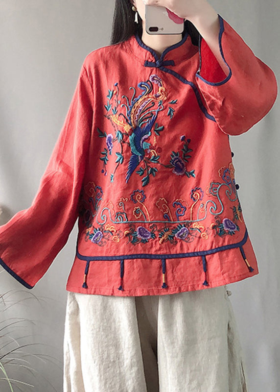 Red Embroideried Button Linen Top Long Sleeve