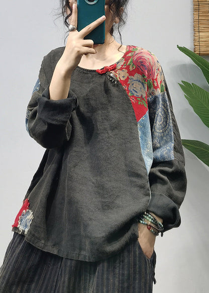 Black Low High Design Linen Blouses Top Long Sleeve